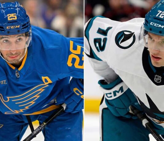 A professional comparison graphic for an NHL blog post, featuring St. Louis Blues forward Jordan Kyrou (left, blue Stifel jersey #25) and San Jose Sharks forward William Eklund (right, white SAP jersey #72). Both players are shown in focused, serious postures on the ice.