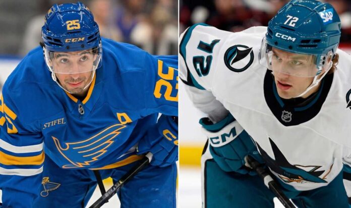 A professional comparison graphic for an NHL blog post, featuring St. Louis Blues forward Jordan Kyrou (left, blue Stifel jersey #25) and San Jose Sharks forward William Eklund (right, white SAP jersey #72). Both players are shown in focused, serious postures on the ice.