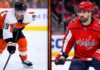 A split-screen NHL trade comparison image featuring Alex Tuch (WSH) in a Washington Capitals jersey and Garnet Hathaway in a Philadelphia Flyers jersey, summarizing key player movements in recent NHL news.