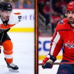 A split-screen NHL trade comparison image featuring Alex Tuch (WSH) in a Washington Capitals jersey and Garnet Hathaway in a Philadelphia Flyers jersey, summarizing key player movements in recent NHL news.