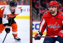 A split-screen NHL trade comparison image featuring Alex Tuch (WSH) in a Washington Capitals jersey and Garnet Hathaway in a Philadelphia Flyers jersey, summarizing key player movements in recent NHL news.