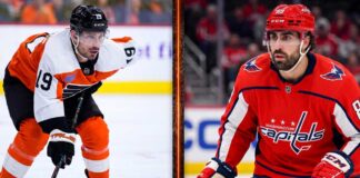 Latest NHL News: Capitals Land Tuch in Huge Sign-and-Trade Deal A split-screen NHL trade comparison image featuring Alex Tuch (WSH) in a Washington Capitals jersey and Garnet Hathaway in a Philadelphia Flyers jersey, summarizing key player movements in recent NHL news.