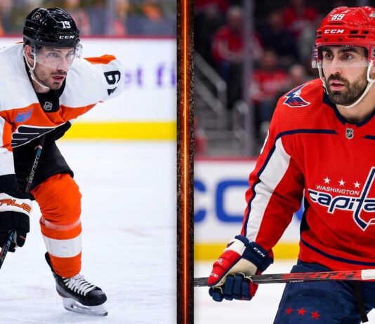 A split-screen NHL trade comparison image featuring Alex Tuch (WSH) in a Washington Capitals jersey and Garnet Hathaway in a Philadelphia Flyers jersey, summarizing key player movements in recent NHL news.