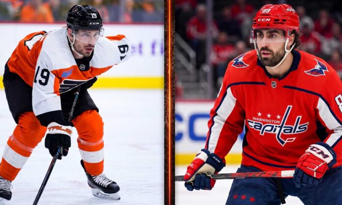 A split-screen NHL trade comparison image featuring Alex Tuch (WSH) in a Washington Capitals jersey and Garnet Hathaway in a Philadelphia Flyers jersey, summarizing key player movements in recent NHL news.