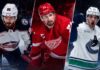 Kirill Marchenko, Dylan Larkin and Nils Hoglander featured in a three-way NHL News split image as trade rumors and offseason buzz heat up before free agency.