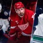 Kirill Marchenko, Dylan Larkin and Nils Hoglander featured in a three-way NHL News split image as trade rumors and offseason buzz heat up before free agency.