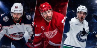 Kirill Marchenko, Dylan Larkin and Nils Hoglander featured in a three-way NHL News split image as trade rumors and offseason buzz heat up before free agency.