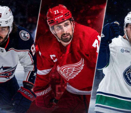 Kirill Marchenko, Dylan Larkin and Nils Hoglander featured in a three-way NHL News split image as trade rumors and offseason buzz heat up before free agency.