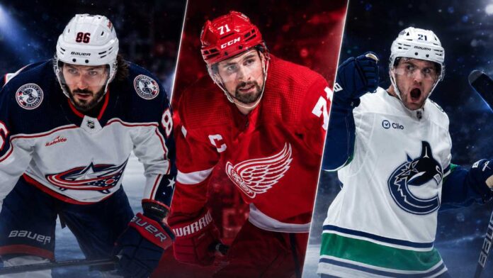 Kirill Marchenko, Dylan Larkin and Nils Hoglander featured in a three-way NHL News split image as trade rumors and offseason buzz heat up before free agency.