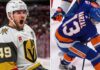 NHL News and NHL Scores: Vegas Takes Game 1, Trade Rumors Heat Up Vertical split image featuring Vegas Golden Knights forward Tomas Hertl celebrating a goal on the left, and New York Islanders center Mathew Barzal handling the puck on the right. Below the players, text reads "NHL Star Showcase."
