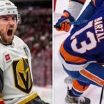 Vertical split image featuring Vegas Golden Knights forward Tomas Hertl celebrating a goal on the left, and New York Islanders center Mathew Barzal handling the puck on the right. Below the players, text reads "NHL Star Showcase."
