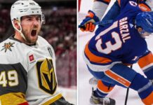 Vertical split image featuring Vegas Golden Knights forward Tomas Hertl celebrating a goal on the left, and New York Islanders center Mathew Barzal handling the puck on the right. Below the players, text reads "NHL Star Showcase."