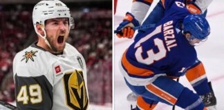 Vertical split image featuring Vegas Golden Knights forward Tomas Hertl celebrating a goal on the left, and New York Islanders center Mathew Barzal handling the puck on the right. Below the players, text reads "NHL Star Showcase."