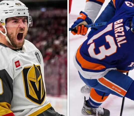Vertical split image featuring Vegas Golden Knights forward Tomas Hertl celebrating a goal on the left, and New York Islanders center Mathew Barzal handling the puck on the right. Below the players, text reads "NHL Star Showcase."