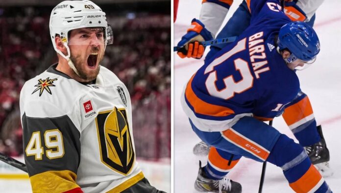 Vertical split image featuring Vegas Golden Knights forward Tomas Hertl celebrating a goal on the left, and New York Islanders center Mathew Barzal handling the puck on the right. Below the players, text reads "NHL Star Showcase."