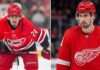 Split image graphic featuring two NHL forwards: Seth Jarvis of the Carolina Hurricanes (left) and Dylan Larkin of the Detroit Red Wings (right), used for a player performance comparison blog post.