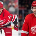 Split image graphic featuring two NHL forwards: Seth Jarvis of the Carolina Hurricanes (left) and Dylan Larkin of the Detroit Red Wings (right), used for a player performance comparison blog post.