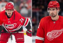 Split image graphic featuring two NHL forwards: Seth Jarvis of the Carolina Hurricanes (left) and Dylan Larkin of the Detroit Red Wings (right), used for a player performance comparison blog post.