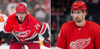 Latest NHL News and NHL Scores: Stanley Cup Game 2 & Daily Rumors Split image graphic featuring two NHL forwards: Seth Jarvis of the Carolina Hurricanes (left) and Dylan Larkin of the Detroit Red Wings (right), used for a player performance comparison blog post.