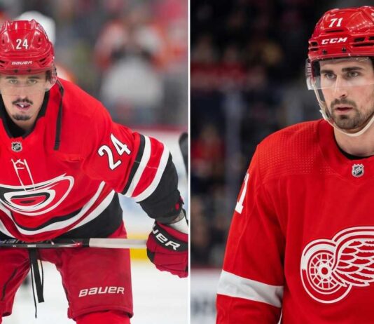 Split image graphic featuring two NHL forwards: Seth Jarvis of the Carolina Hurricanes (left) and Dylan Larkin of the Detroit Red Wings (right), used for a player performance comparison blog post.