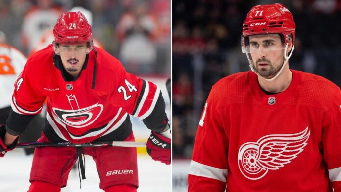 Split image graphic featuring two NHL forwards: Seth Jarvis of the Carolina Hurricanes (left) and Dylan Larkin of the Detroit Red Wings (right), used for a player performance comparison blog post.