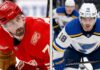 Latest NHL News and NHL Scores: 2026 Stanley Cup Final Updates A vertical split image comparison of two professional NHL hockey players: Dylan Larkin of the Detroit Red Wings (left) in a red jersey and helmet, and Robert Thomas of the St. Louis Blues (right) in a white jersey and helmet.