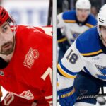 A vertical split image comparison of two professional NHL hockey players: Dylan Larkin of the Detroit Red Wings (left) in a red jersey and helmet, and Robert Thomas of the St. Louis Blues (right) in a white jersey and helmet.