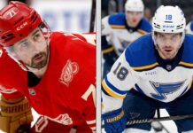 A vertical split image comparison of two professional NHL hockey players: Dylan Larkin of the Detroit Red Wings (left) in a red jersey and helmet, and Robert Thomas of the St. Louis Blues (right) in a white jersey and helmet.