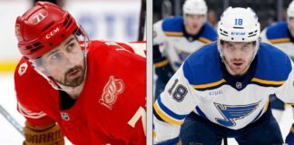 A vertical split image comparison of two professional NHL hockey players: Dylan Larkin of the Detroit Red Wings (left) in a red jersey and helmet, and Robert Thomas of the St. Louis Blues (right) in a white jersey and helmet.