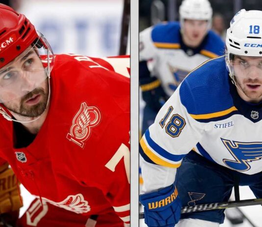 A vertical split image comparison of two professional NHL hockey players: Dylan Larkin of the Detroit Red Wings (left) in a red jersey and helmet, and Robert Thomas of the St. Louis Blues (right) in a white jersey and helmet.