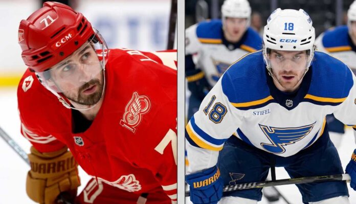 nhl-news-rumors-june-6-2026 A vertical split image comparison of two professional NHL hockey players: Dylan Larkin of the Detroit Red Wings (left) in a red jersey and helmet, and Robert Thomas of the St. Louis Blues (right) in a white jersey and helmet.