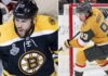 A split photo illustrating changing eras in today's NHL News: Milan Lucic in a Boston Bruins jersey yelling on the left, and Mitch Marner in a Vegas Golden Knights jersey in dynamic action near a net on the right.