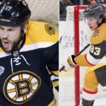 NHL News and NHL Scores: Vegas Takes Game 3, Marner Makes History A split photo illustrating changing eras in today's NHL News: Milan Lucic in a Boston Bruins jersey yelling on the left, and Mitch Marner in a Vegas Golden Knights jersey in dynamic action near a net on the right.