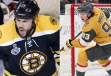 A split photo illustrating changing eras in today's NHL News: Milan Lucic in a Boston Bruins jersey yelling on the left, and Mitch Marner in a Vegas Golden Knights jersey in dynamic action near a net on the right.