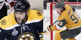 A split photo illustrating changing eras in today's NHL News: Milan Lucic in a Boston Bruins jersey yelling on the left, and Mitch Marner in a Vegas Golden Knights jersey in dynamic action near a net on the right.