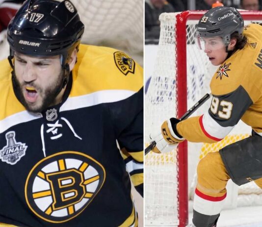 NHL News and NHL Scores: Vegas Takes Game 3, Marner Makes History A split photo illustrating changing eras in today's NHL News: Milan Lucic in a Boston Bruins jersey yelling on the left, and Mitch Marner in a Vegas Golden Knights jersey in dynamic action near a net on the right.