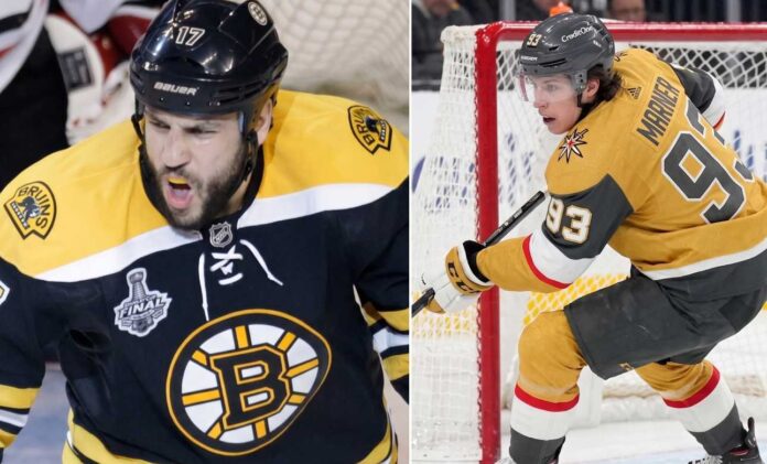 nhl-news-rumors-june-7-2026 A split photo illustrating changing eras in today's NHL News: Milan Lucic in a Boston Bruins jersey yelling on the left, and Mitch Marner in a Vegas Golden Knights jersey in dynamic action near a net on the right.