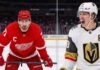 Latest NHL News and NHL Scores Today: Stanley Cup Finals & Rumors Split-screen NHL player comparison graphic featuring Detroit Red Wings Captain Dylan Larkin #71 on the left in a red jersey, and Vegas Golden Knights Alternate Captain Mitch Marner #93 on the right in a white jersey