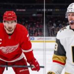 Latest NHL News and NHL Scores Today: Stanley Cup Finals & Rumors Split-screen NHL player comparison graphic featuring Detroit Red Wings Captain Dylan Larkin #71 on the left in a red jersey, and Vegas Golden Knights Alternate Captain Mitch Marner #93 on the right in a white jersey