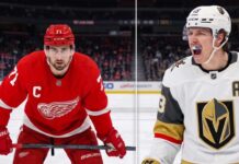 Latest NHL News and NHL Scores Today: Stanley Cup Finals & Rumors Split-screen NHL player comparison graphic featuring Detroit Red Wings Captain Dylan Larkin #71 on the left in a red jersey, and Vegas Golden Knights Alternate Captain Mitch Marner #93 on the right in a white jersey