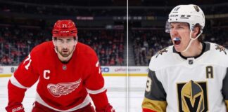 Latest NHL News and NHL Scores Today: Stanley Cup Finals & Rumors Split-screen NHL player comparison graphic featuring Detroit Red Wings Captain Dylan Larkin #71 on the left in a red jersey, and Vegas Golden Knights Alternate Captain Mitch Marner #93 on the right in a white jersey