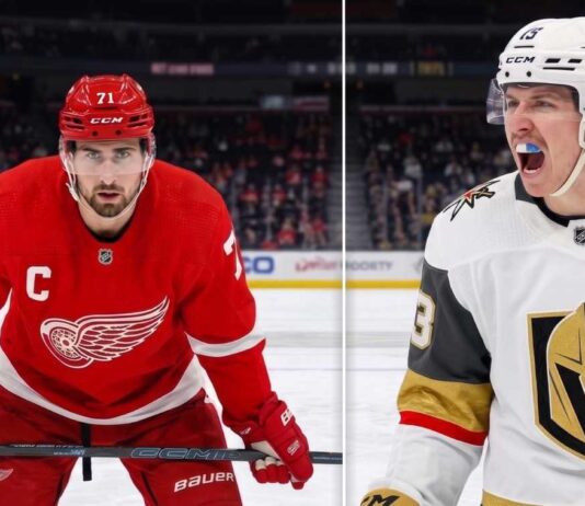 Latest NHL News and NHL Scores Today: Stanley Cup Finals & Rumors Split-screen NHL player comparison graphic featuring Detroit Red Wings Captain Dylan Larkin #71 on the left in a red jersey, and Vegas Golden Knights Alternate Captain Mitch Marner #93 on the right in a white jersey