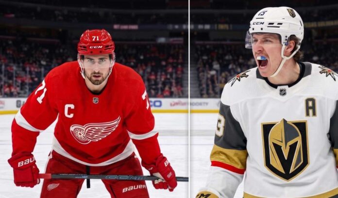nhl-news-rumors-june-8-2026 Split-screen NHL player comparison graphic featuring Detroit Red Wings Captain Dylan Larkin #71 on the left in a red jersey, and Vegas Golden Knights Alternate Captain Mitch Marner #93 on the right in a white jersey