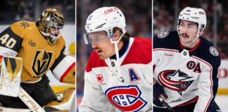 Akira Schmid, Brendan Gallagher and Zach Werenski featured in a three-way NHL News split image as trade rumors and free agency buzz heat up.