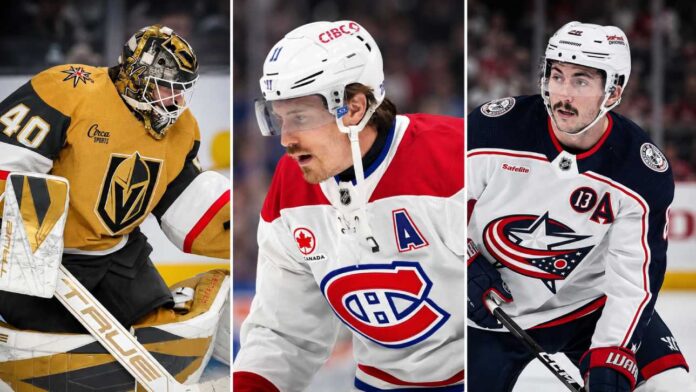 Akira Schmid, Brendan Gallagher and Zach Werenski featured in a three-way NHL News split image as trade rumors and free agency buzz heat up.
