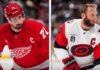 A split-screen composite photograph for an NHL news blog. The left panel features Detroit Red Wings captain Dylan Larkin (#71) in a red home jersey, holding his stick with an intense gaze, highlighting current NHL trade rumors. The right panel shows Carolina Hurricanes captain Jordan Staal in a white away jersey, with the Stanley Cup patch and 'C', looking over his shoulder during a game, representing his team's push in the Stanley Cup Final.