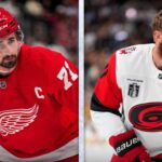 NHL News & Rumors Today: Carolina Hurricanes Take 3-2 Series Lead, latest Larkin rumors A split-screen composite photograph for an NHL news blog. The left panel features Detroit Red Wings captain Dylan Larkin (#71) in a red home jersey, holding his stick with an intense gaze, highlighting current NHL trade rumors. The right panel shows Carolina Hurricanes captain Jordan Staal in a white away jersey, with the Stanley Cup patch and 'C', looking over his shoulder during a game, representing his team's push in the Stanley Cup Final.