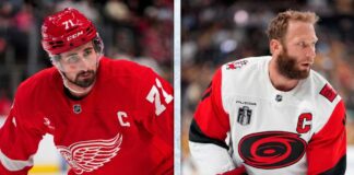 NHL News & Rumors Today: Carolina Hurricanes Take 3-2 Series Lead, latest Larkin rumors A split-screen composite photograph for an NHL news blog. The left panel features Detroit Red Wings captain Dylan Larkin (#71) in a red home jersey, holding his stick with an intense gaze, highlighting current NHL trade rumors. The right panel shows Carolina Hurricanes captain Jordan Staal in a white away jersey, with the Stanley Cup patch and 'C', looking over his shoulder during a game, representing his team's push in the Stanley Cup Final.