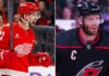 Latest NHL News and NHL Scores: Stanley Cup Game 6 & Trade Rumors A split photo featuring a celebratory Dylan Larkin of the Detroit Red Wings on the left and a determined Jordan Staal of the Carolina Hurricanes on the right, highlighting key figures in current NHL news and trade rumors.