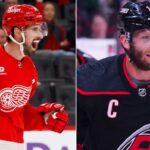 Latest NHL News and NHL Scores: Stanley Cup Game 6 & Trade Rumors A split photo featuring a celebratory Dylan Larkin of the Detroit Red Wings on the left and a determined Jordan Staal of the Carolina Hurricanes on the right, highlighting key figures in current NHL news and trade rumors.